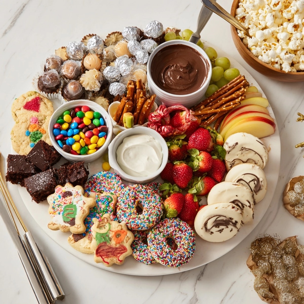 Overhead view of a colorful Dessert Board with themed snacks, fruits, and sweet treats.