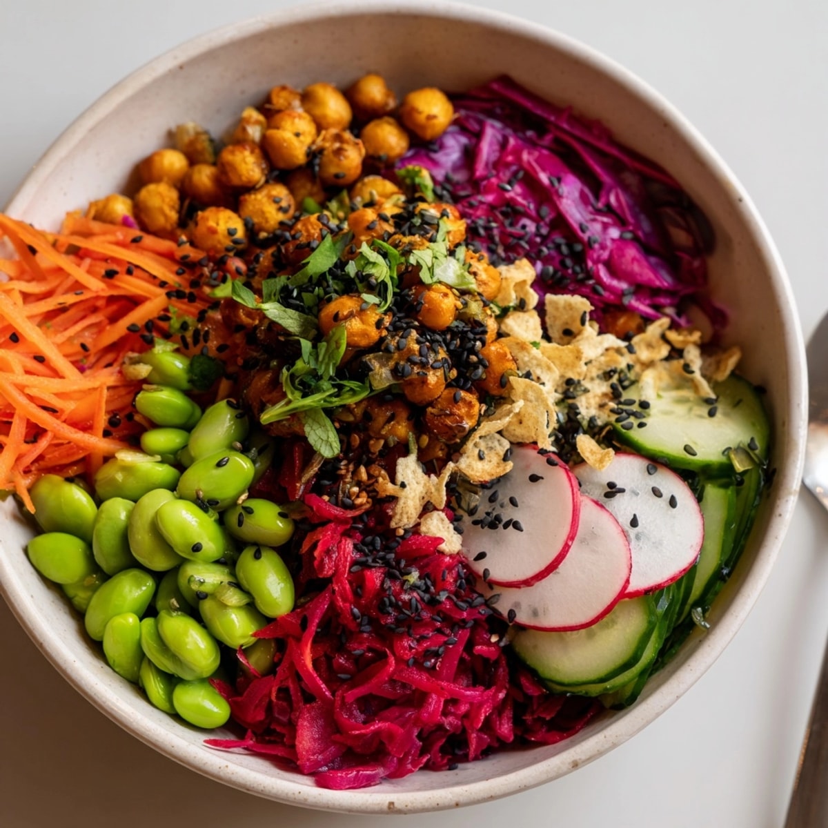 Close-up of an ASMR Crunch Snack Bowl, the roasted chickpeas glistening, a satisfying, healthy snack.