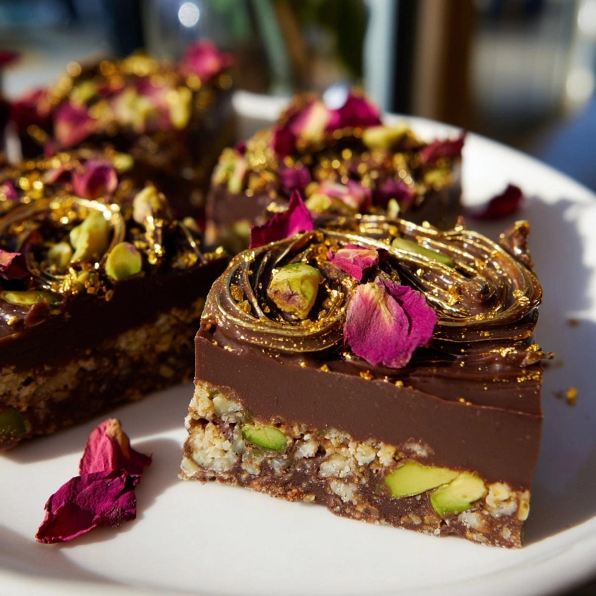 Rich, dark *chocolate bar inspired creations* with pistachios, caramel, and edible gold leaf, a decadent bite.