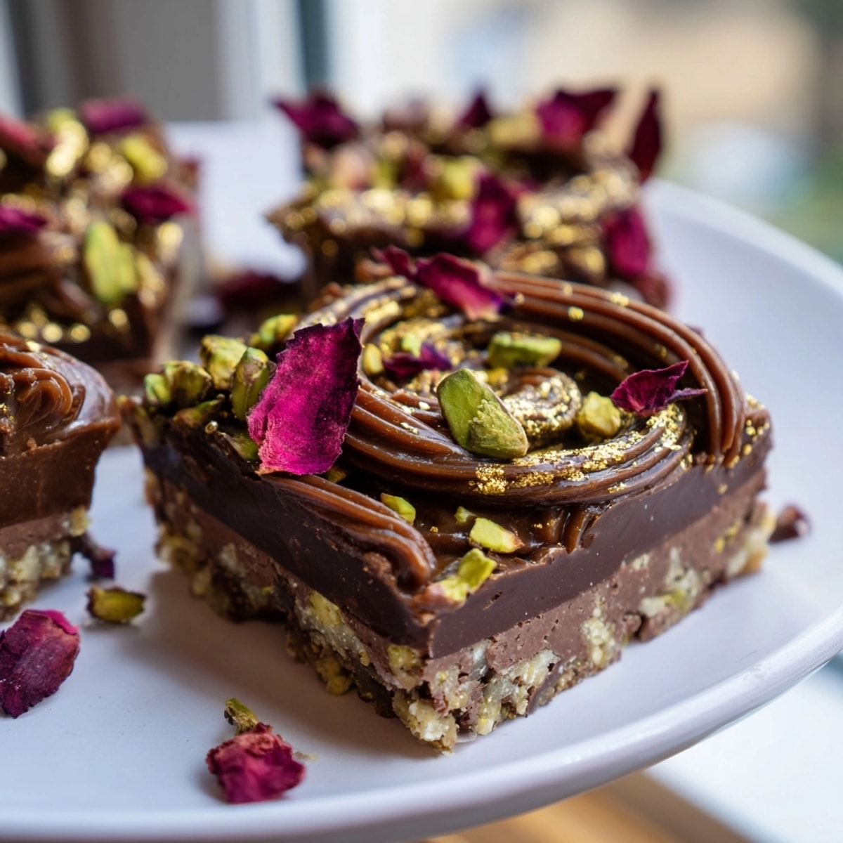Golden flecked *chocolate bar inspired creations* on parchment, showing layered textures of biscuit, nuts, and dripping caramel.