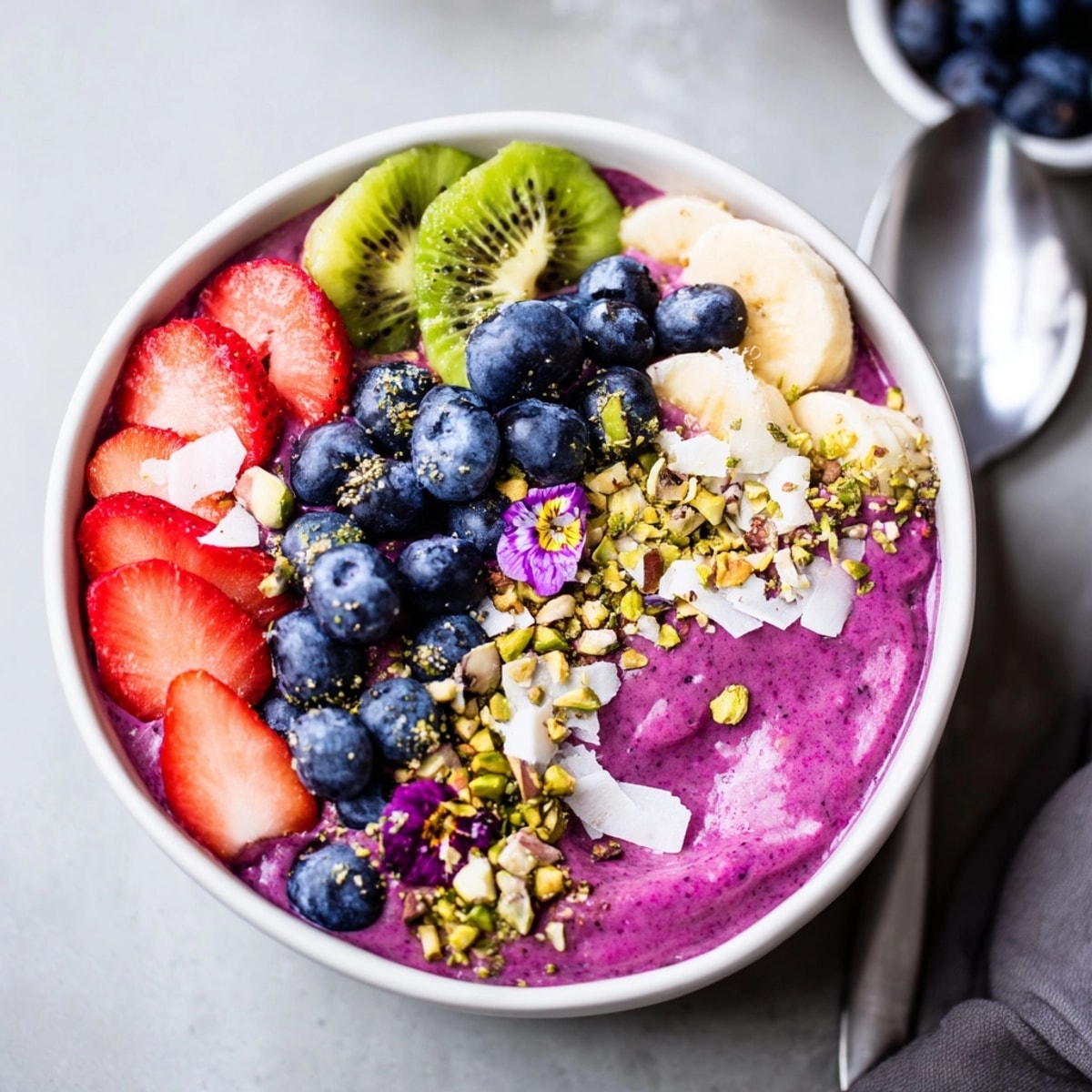 Eye-level image of colorful Vibrant Smoothie Bowls with kiwi and crunchy granola topping.