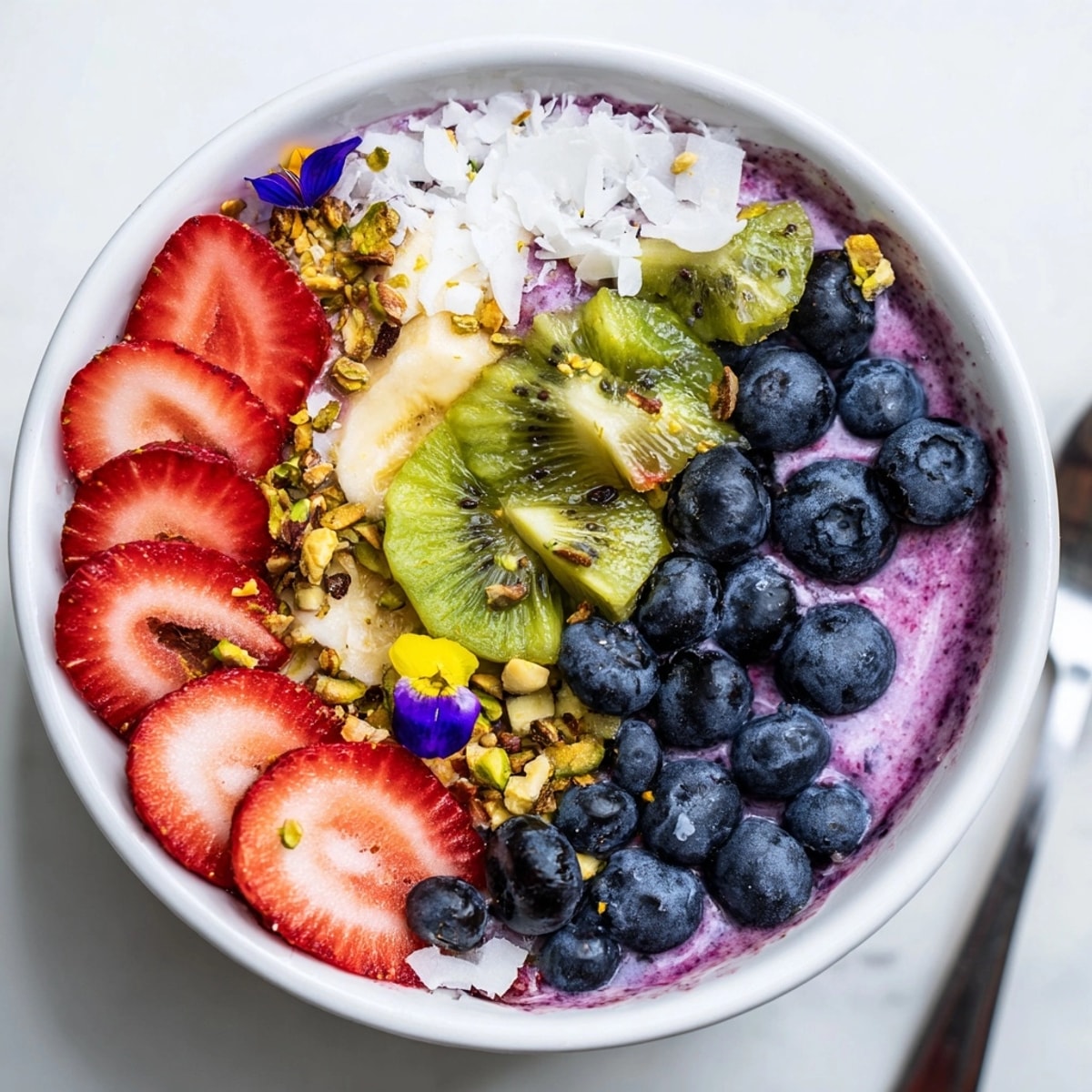 Creamy purple yam Vibrant Smoothie Bowls, a healthy breakfast with pistachios and fresh fruit.