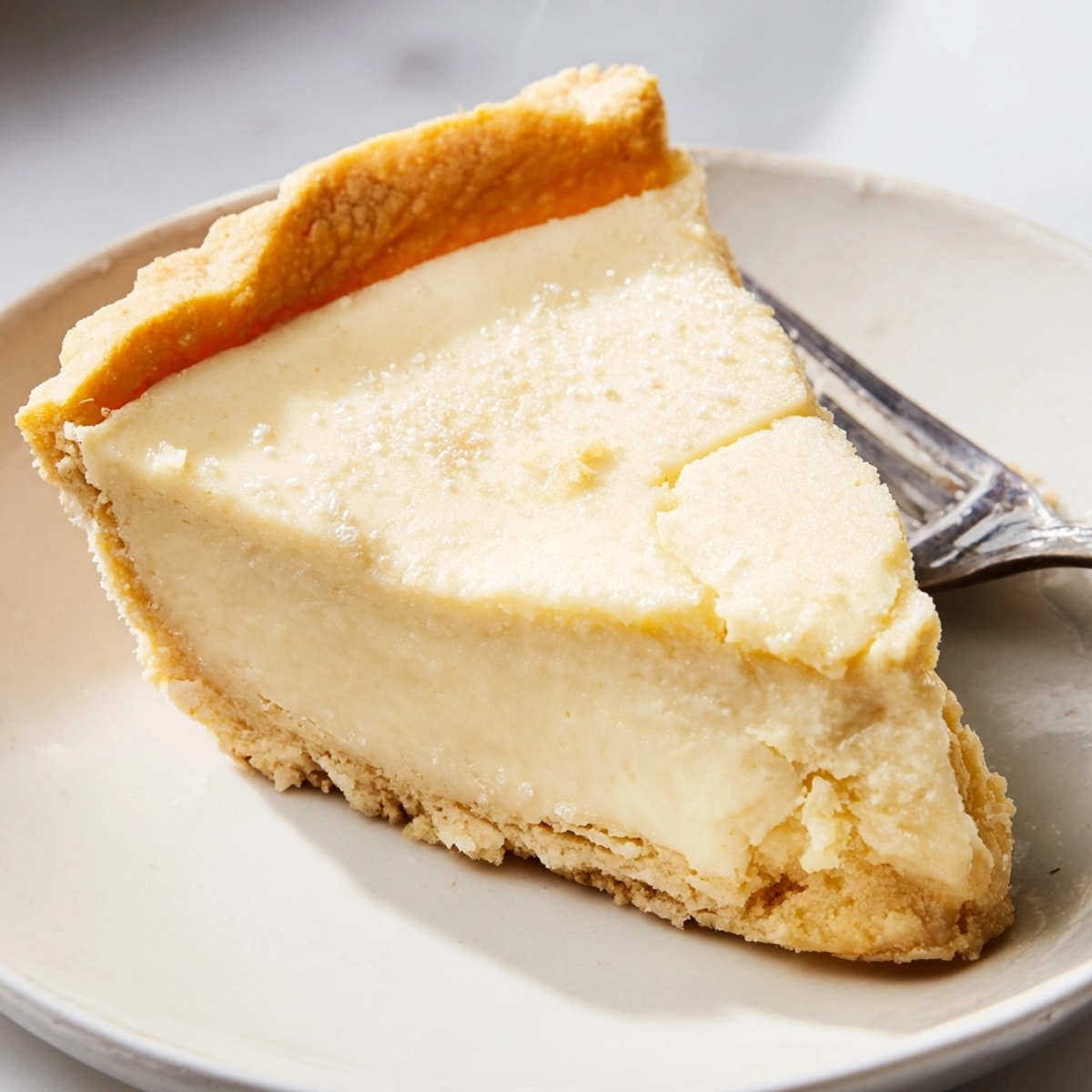 Golden brown Water Pie, slice removed, showing creamy custard filling perfect with berries.