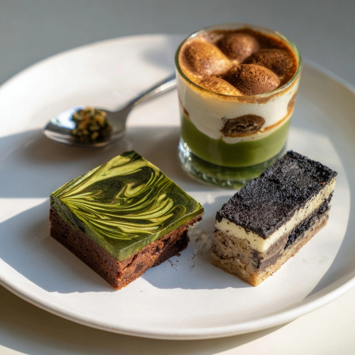 Colorful "Global Dessert Mash-Ups" featuring matcha brownies, chai tiramisu cups, and sesame cheesecake bars.
