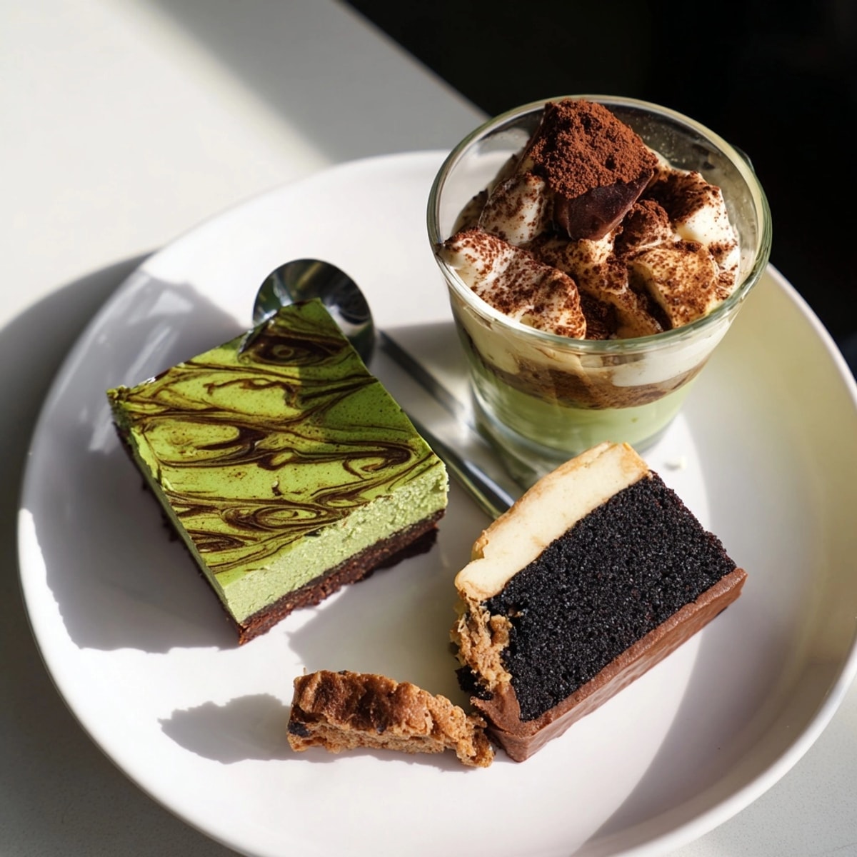 Delectable &quot;Global Dessert Mash-Ups&quot; trio &ndash; miso-matcha brownies, chai-infused tiramisu, and black sesame cheesecake.