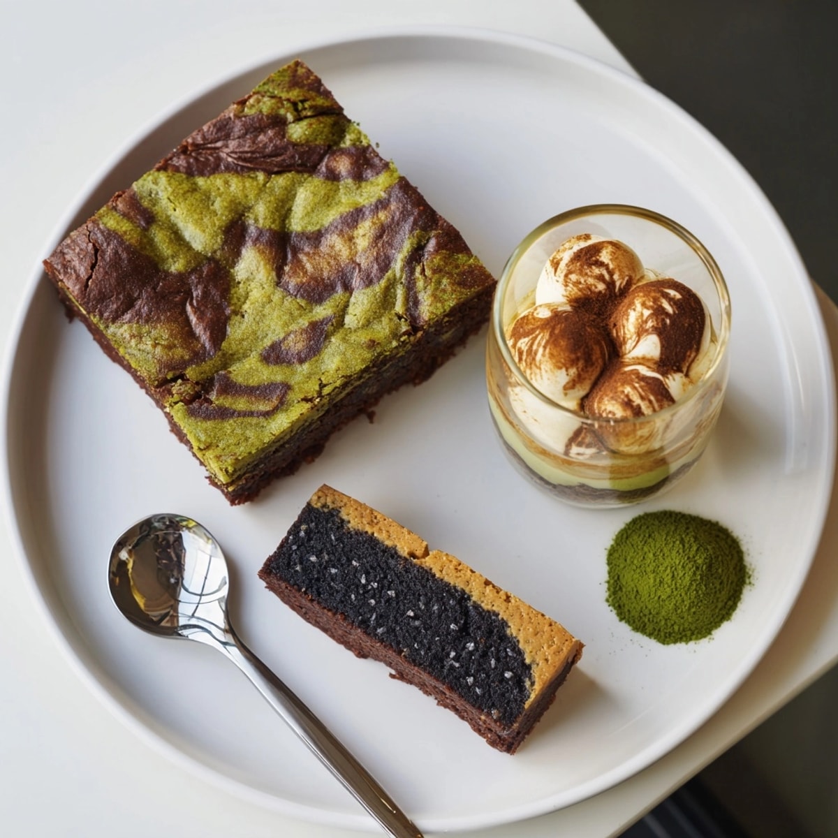 Close-up of &quot;Global Dessert Mash-Ups&quot;: fudgy brownies, creamy tiramisu, and black sesame bars.