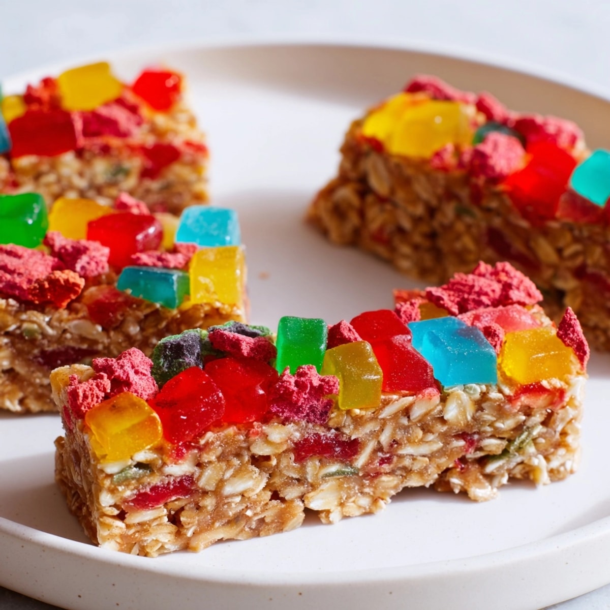 DIY Snack Bars burst with color: homemade gummies and freeze-dried candy atop oats.
