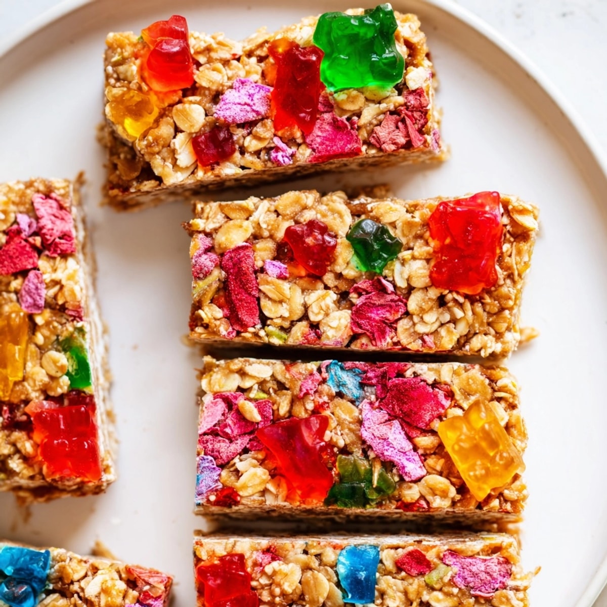 Close-up of a sweet DIY Snack Bar's chewy gummy and crunchy freeze-dried candy layers.