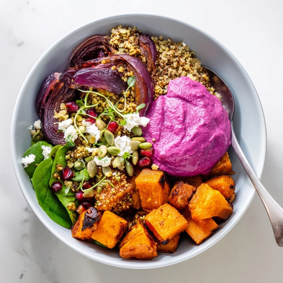 Vibrant Spiced Winter Bowls recipe with roasted vegetables, ube, and pistachio crumble.