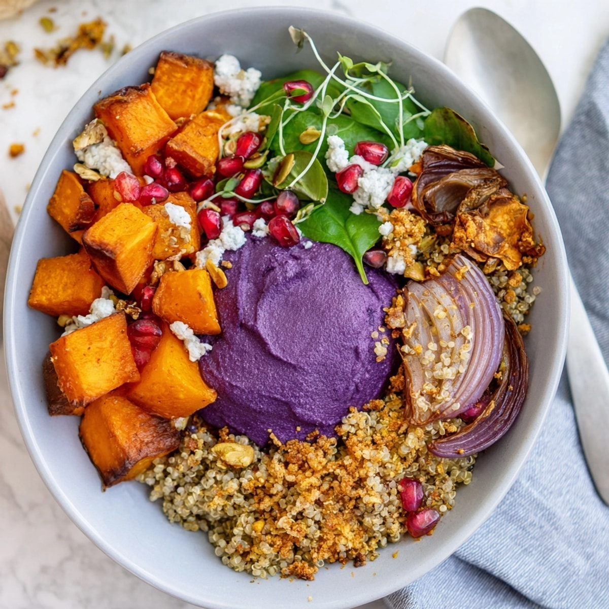 Close-up of a flavorful Spiced Winter Bowl, showcasing roasted veggies and creamy ube topping.