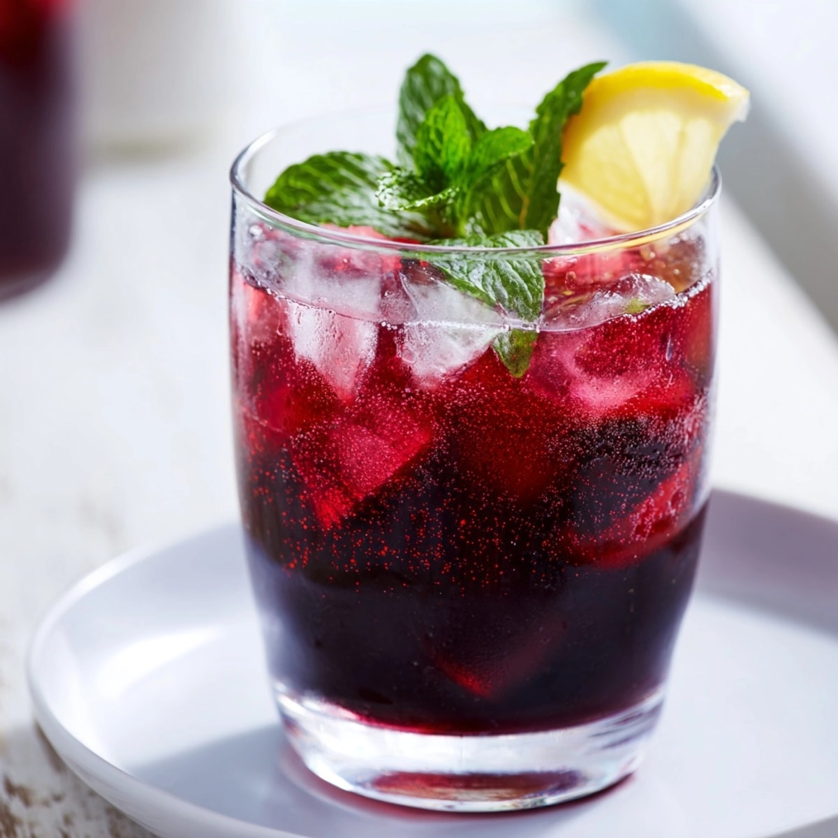 Close-up of a vibrant Sleepy Girl Mocktail, garnished with mint and lemon, ready to drink.