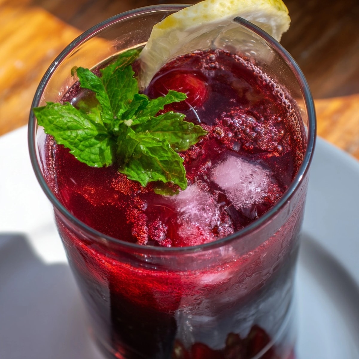 Making a Sleepy Girl Mocktail: pouring sparkling water into a glass with cherry juice.