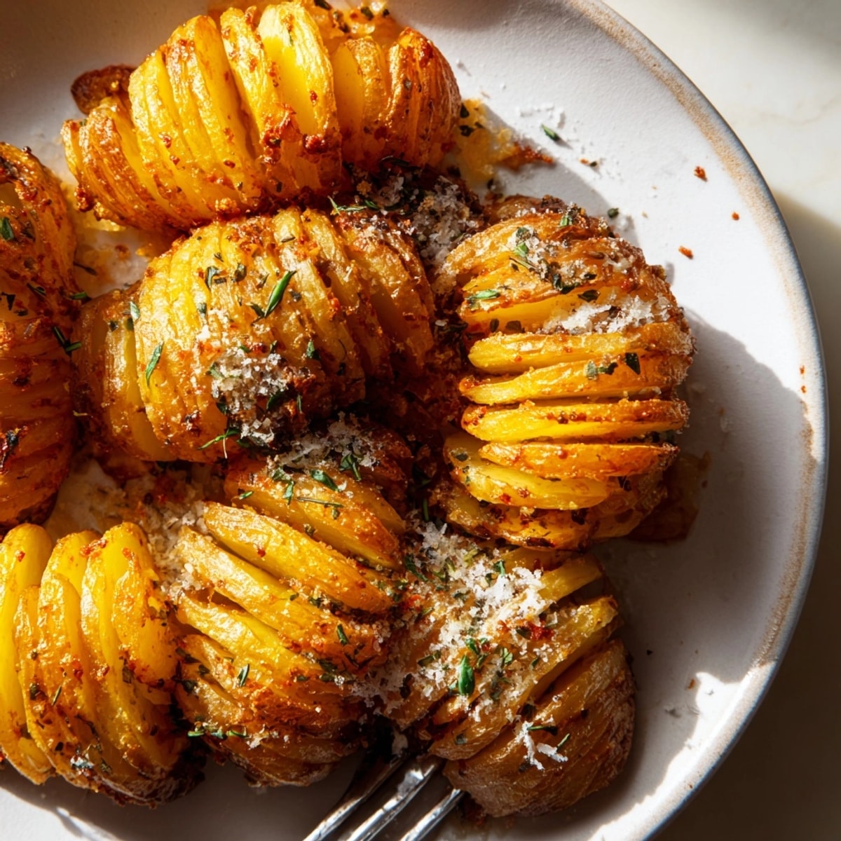 Golden brown Accordion Potatoes, baked until crispy with herbs, ready to serve.
