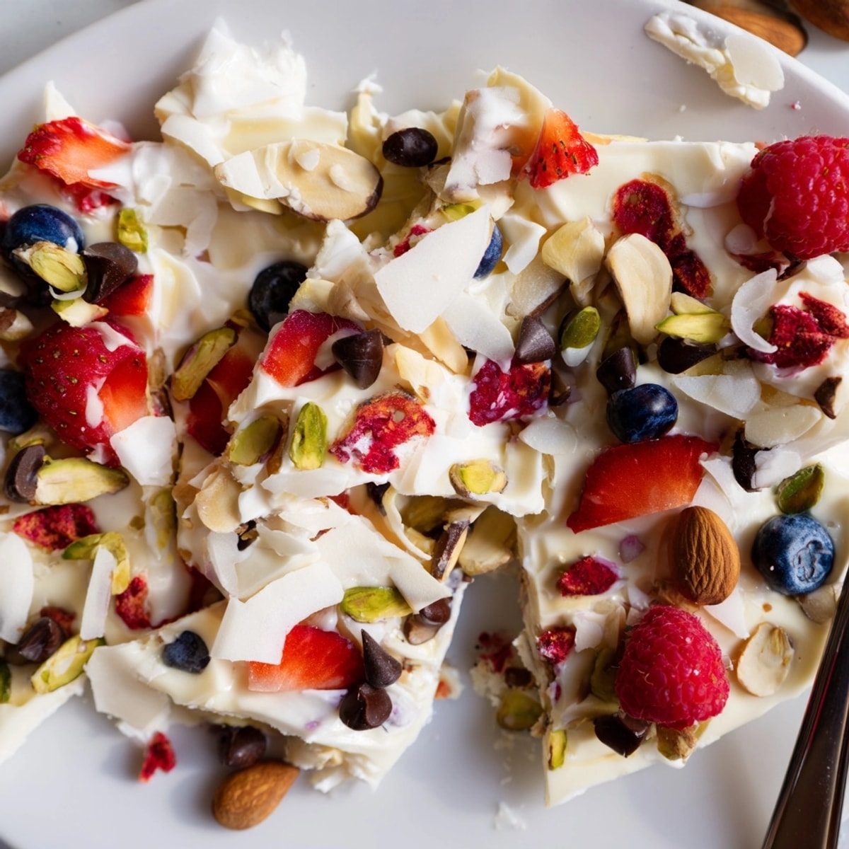 Vibrant Frozen Yogurt Bark: Creamy Greek yogurt speckled with berries, nuts, and chocolate chips.
