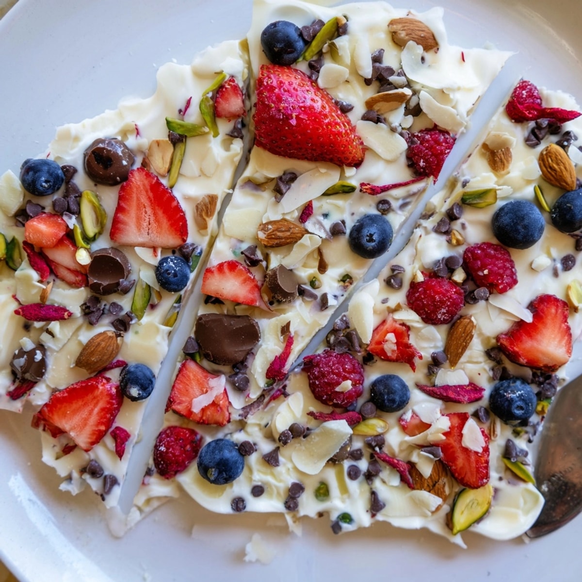 Homemade Frozen Yogurt Bark, bursting with fresh fruit and crunchy nuts, ready to break.