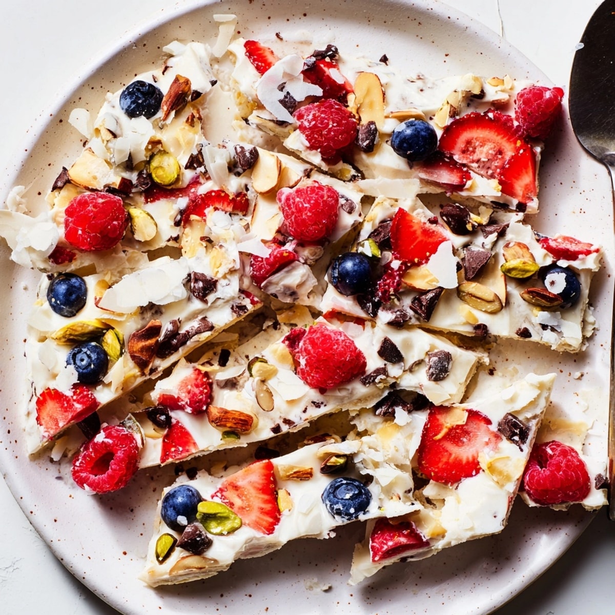 Easy Frozen Yogurt Bark with sweet berries and dark chocolate—a refreshing, delicious snack.