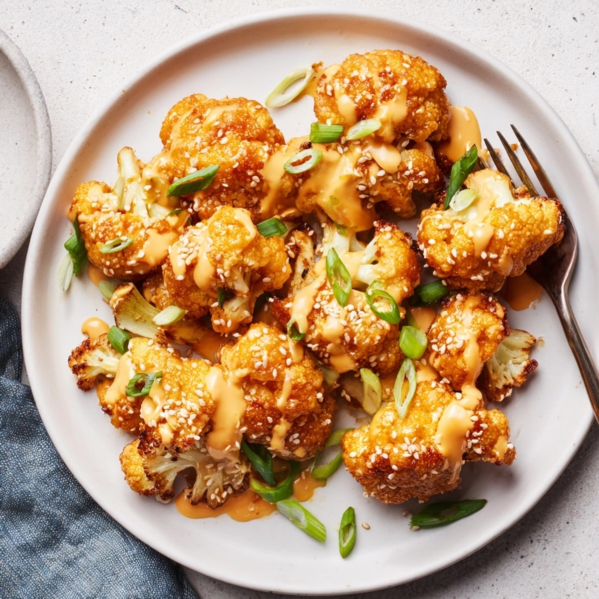 Golden Bang Bang Cauliflower, fresh from the oven, glistening with spicy-sweet sauce and scallion garnish.
