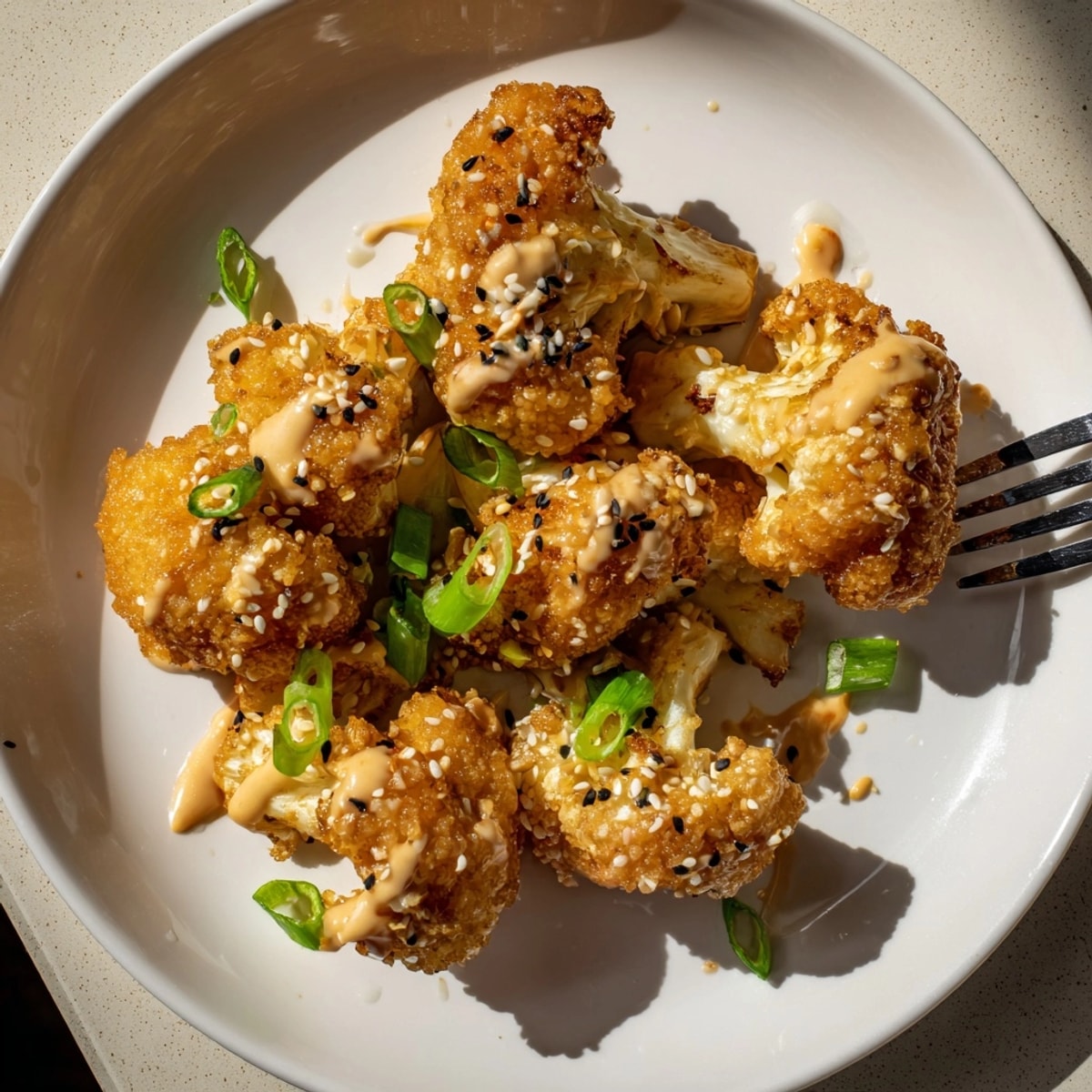 Close-up of crispy Bang Bang Cauliflower, served as a flavorful vegetarian appetizer.