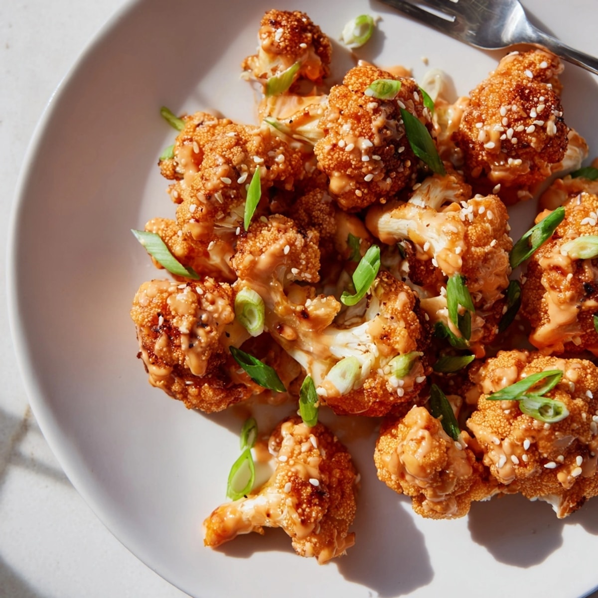 Creamy, vibrant Bang Bang Cauliflower recipe: Roasted florets generously coated, ready to serve.