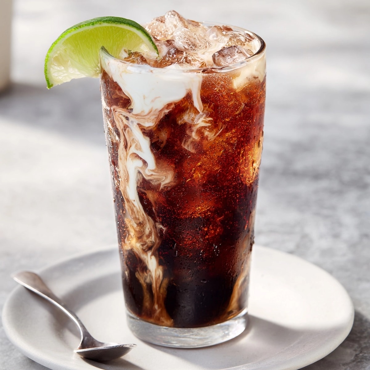 Frothy Dirty Soda in a tall glass with lime, icy and refreshing.