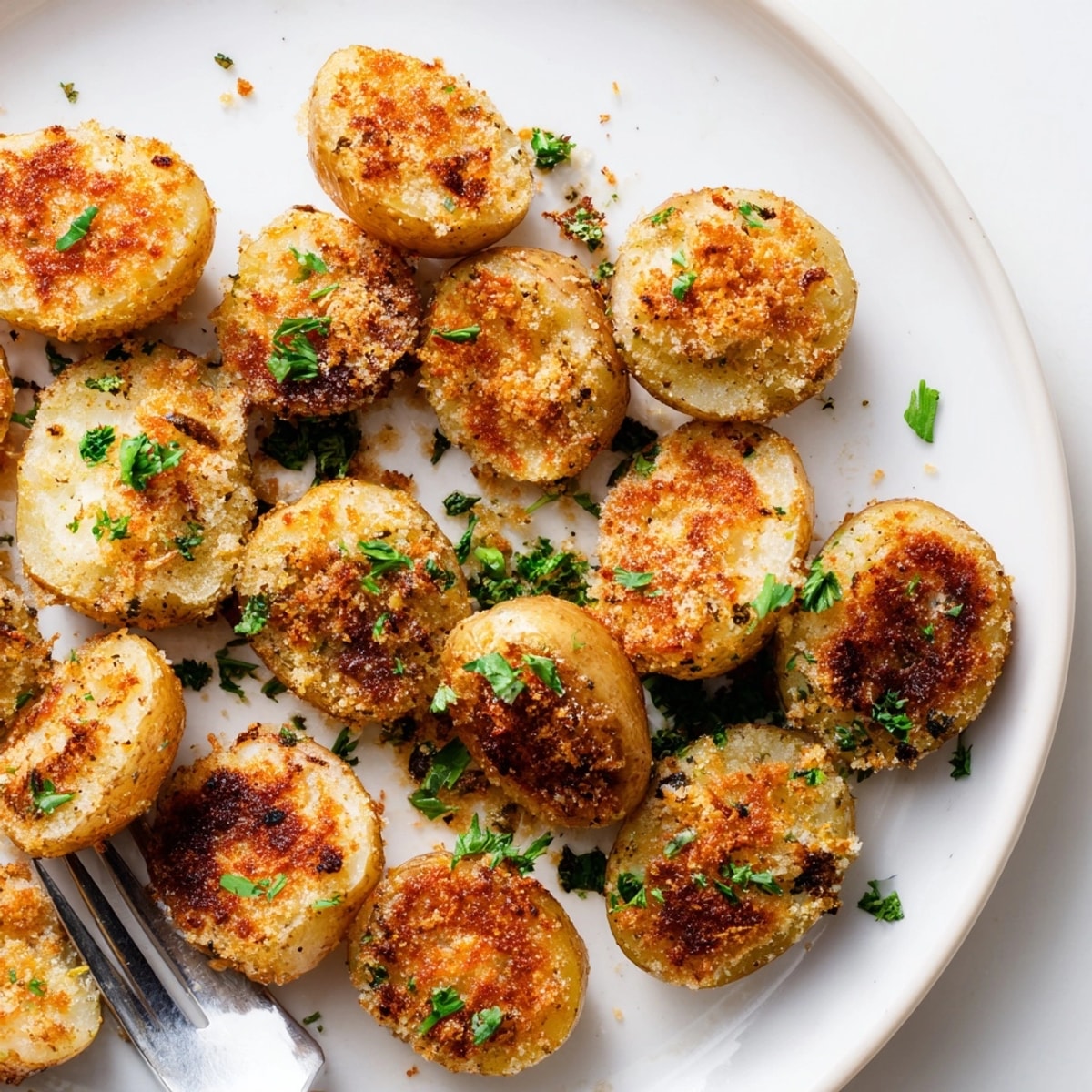 Golden Parmesan Crusted Potatoes, baked crispy with herbs, served warm as a side dish.