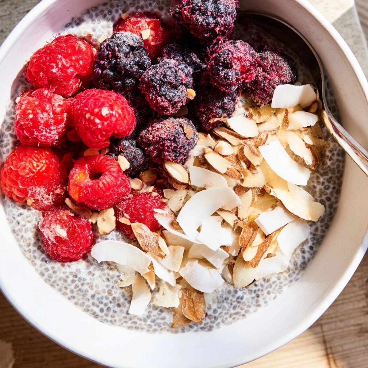 Creamy vegan Chia Seed Pudding soaking in almond milk, topped with juicy berries and almonds.