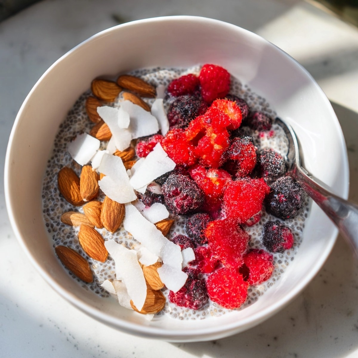 Close-up of a chilled Chia Seed Pudding breakfast: healthy, dairy-free, gluten-free, and satisfying.