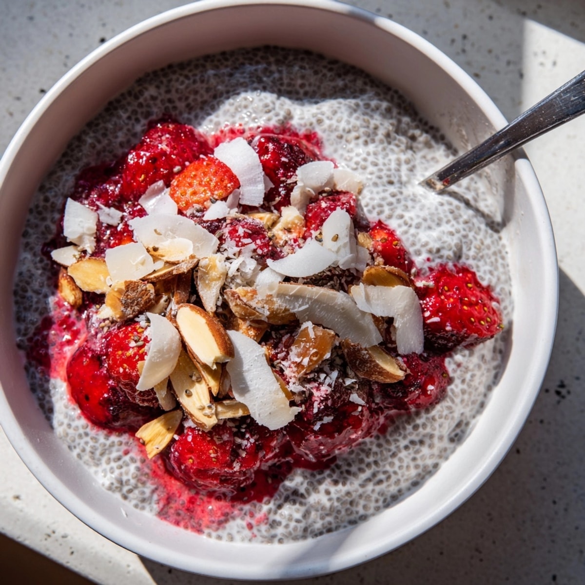 Easy overnight Chia Seed Pudding recipe layers in a jar with coconut and fresh fruit.