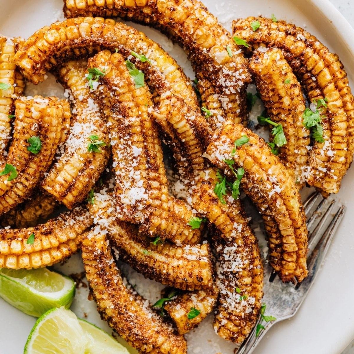 Golden Air Fryer Corn Ribs, seasoned and crispy, ready to serve with lime.