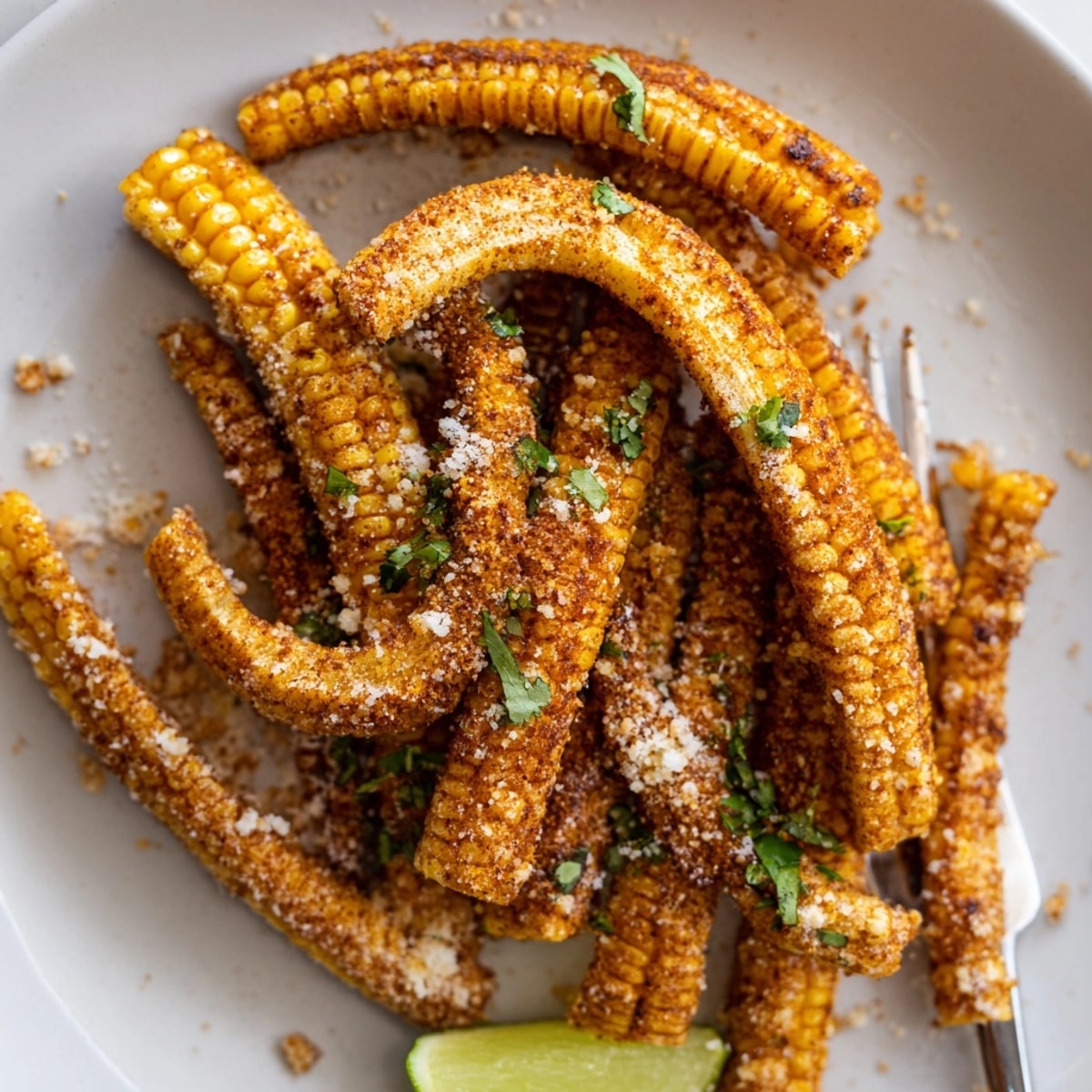 Close-up of smoky Air Fryer Corn Ribs, a flavorful vegetarian appetizer, fresh out of the air fryer.
