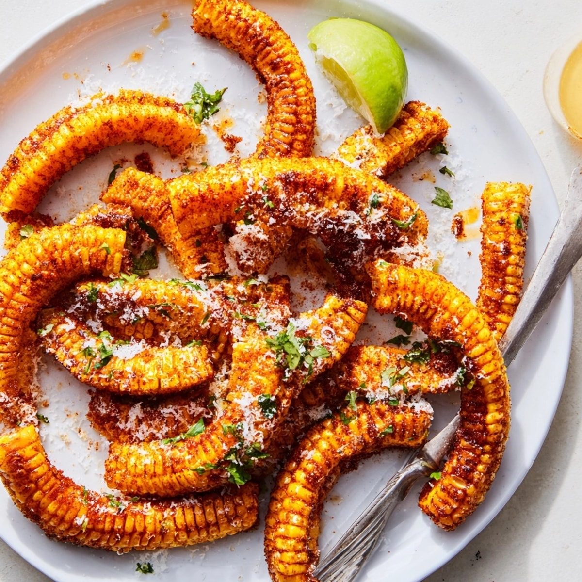 Spiced Air Fryer Corn Ribs, a fun and easy recipe, plated and garnished with cilantro.