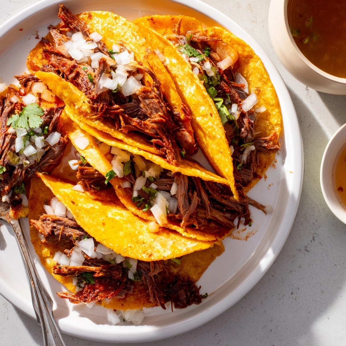 Close-up of crispy Beef Birria Tacos oozing cheese and savory, shredded meat filling.
