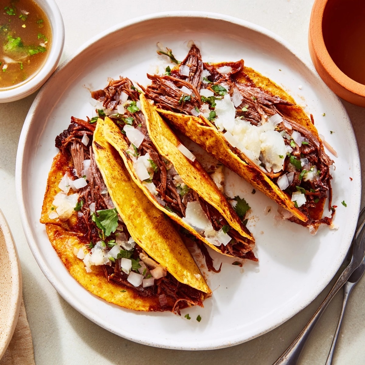 Golden-brown Beef Birria Tacos, garnished with cilantro and dipped in rich, red consomm&eacute;.