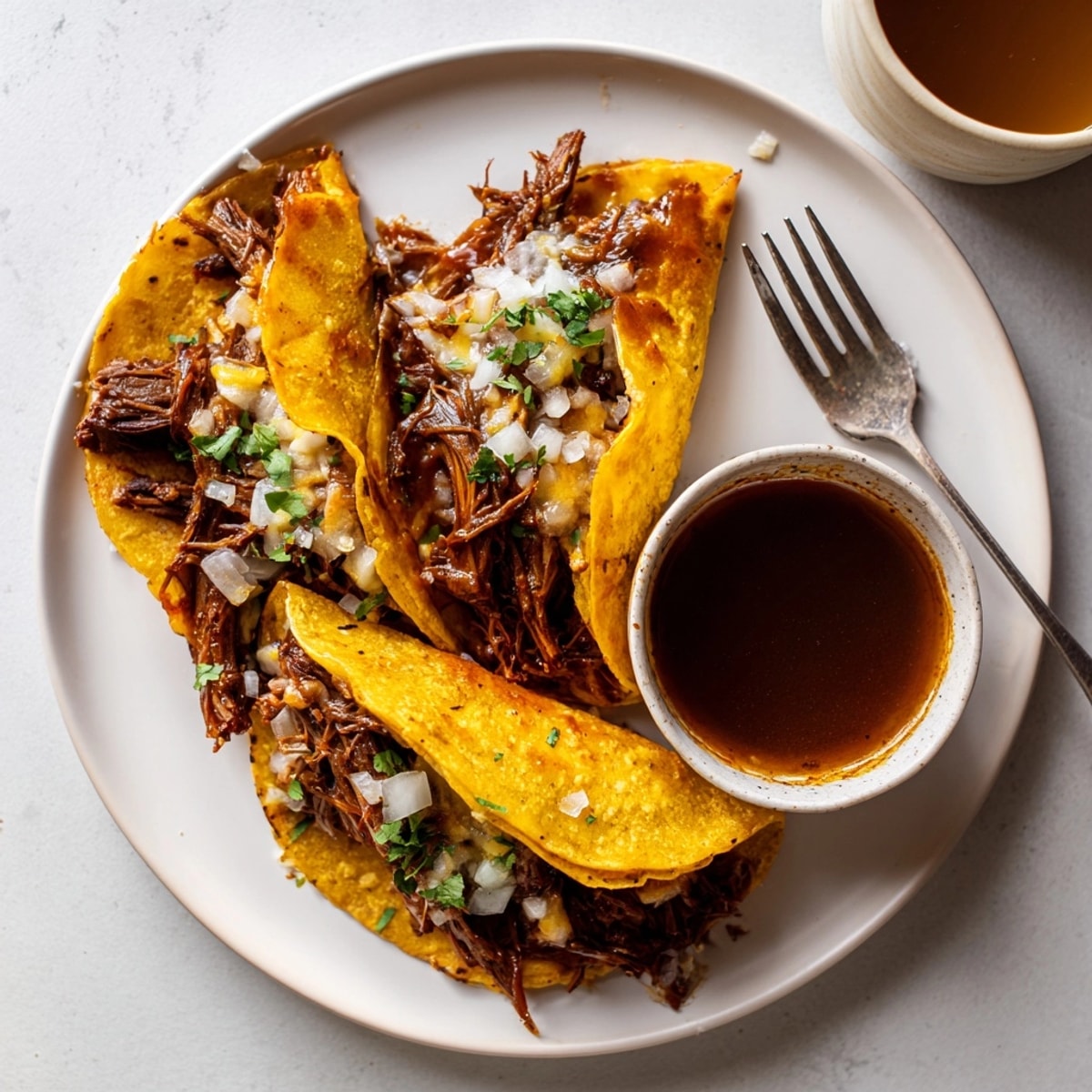 Stacked Beef Birria Tacos, ready to serve, imagine the aromatic, spicy Mexican flavors.