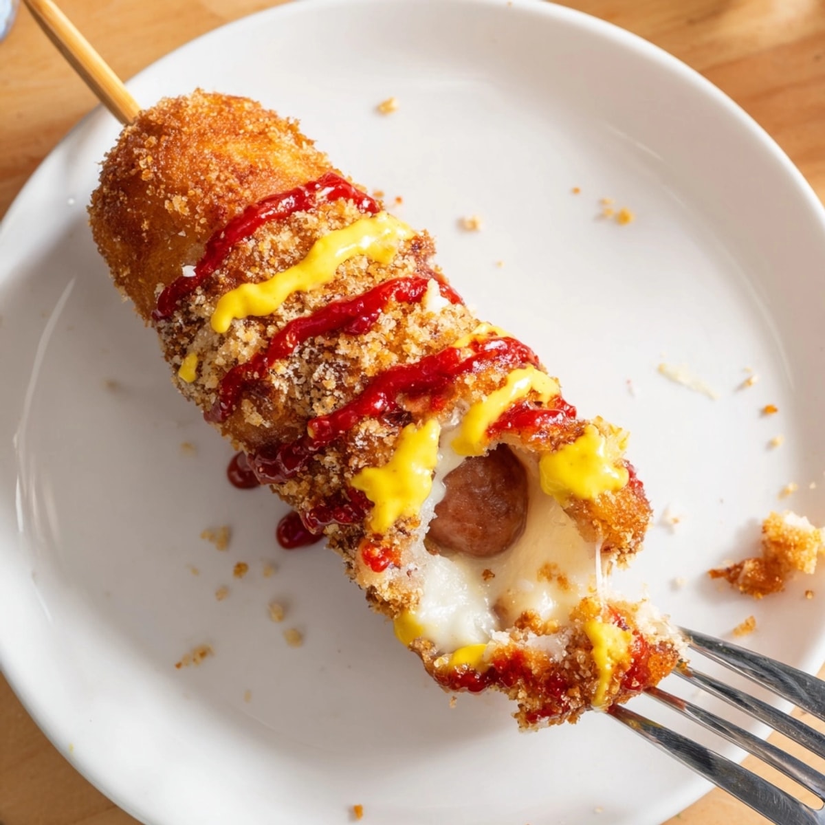 Golden, crispy Korean corn dogs fresh from the fryer, ready for dipping in mustard.