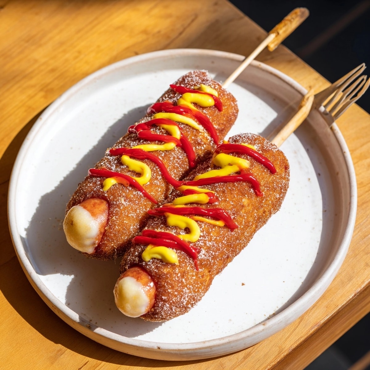 A close-up shows the delightful breadcrumb crust on a Korean corn dog.