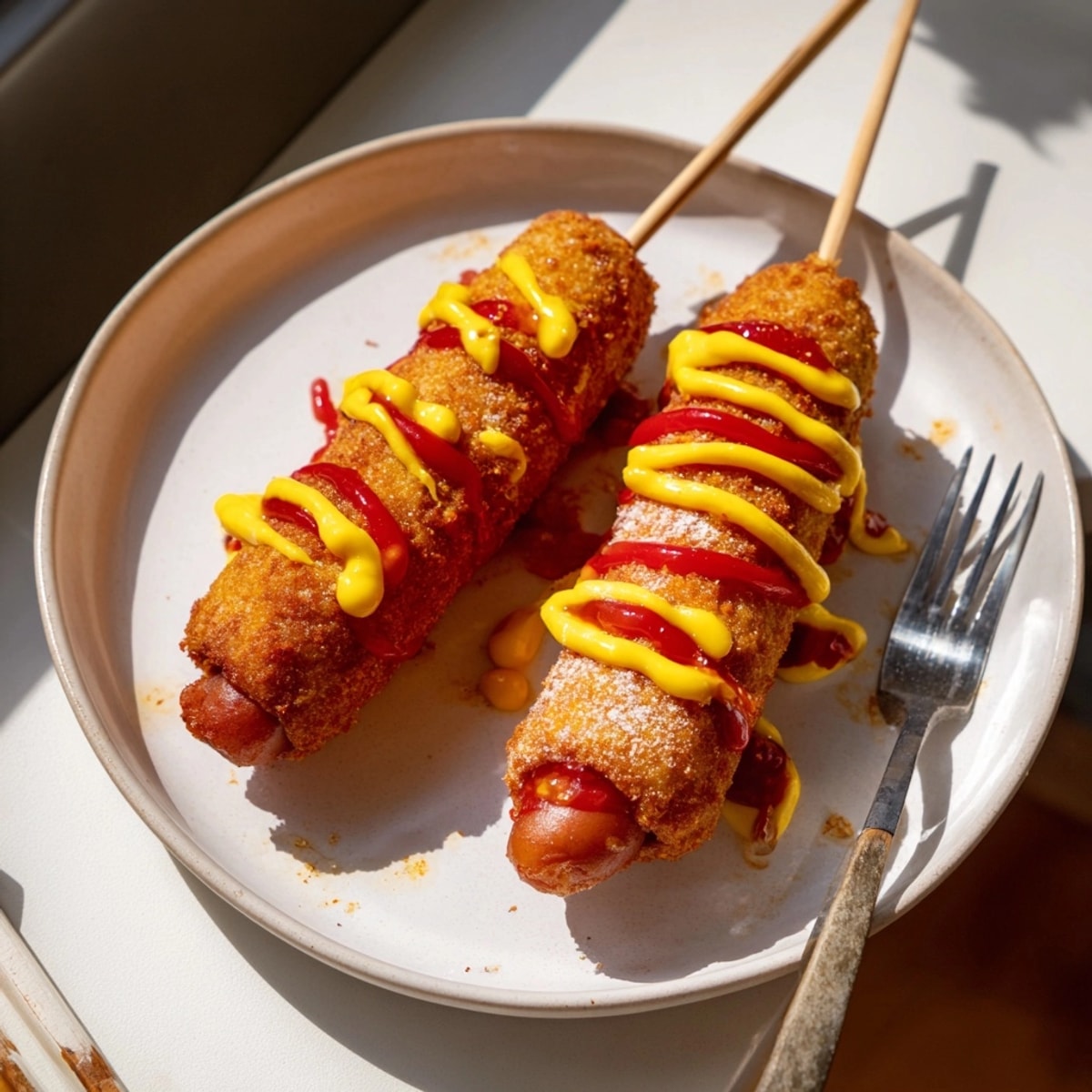 Stacked Korean corn dogs dusted with sugar, a delicious sweet and savory snack.