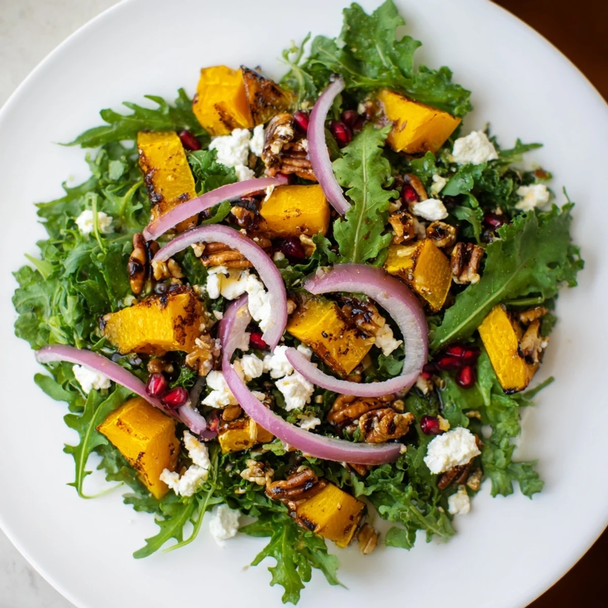 Golden roasted butternut squash salad with feta, pecans, and vibrant greens, drizzled with sweet maple vinaigrette.