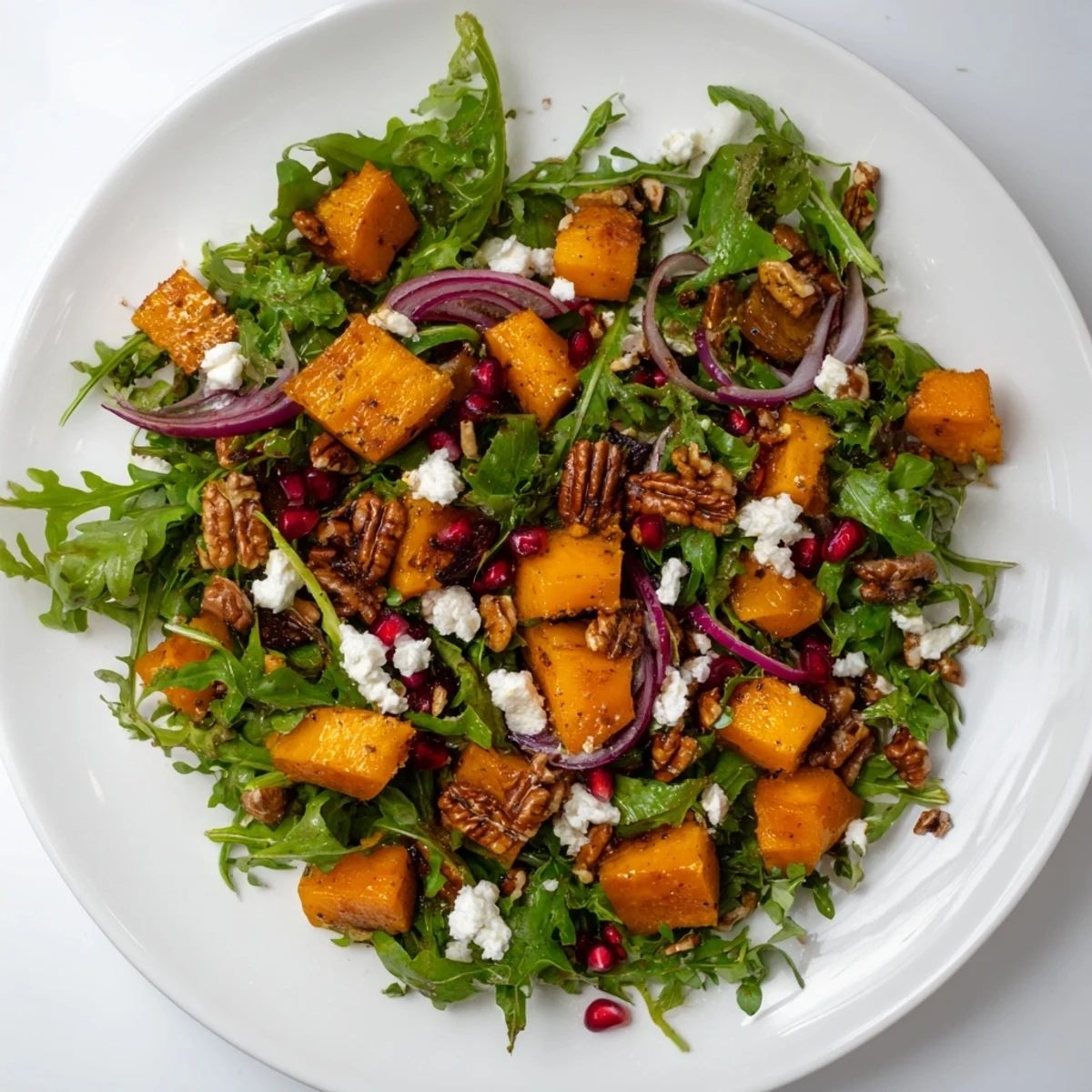 Close-up of a delightful butternut squash salad; tender squash, cheese, and crunchy pecans look inviting.
