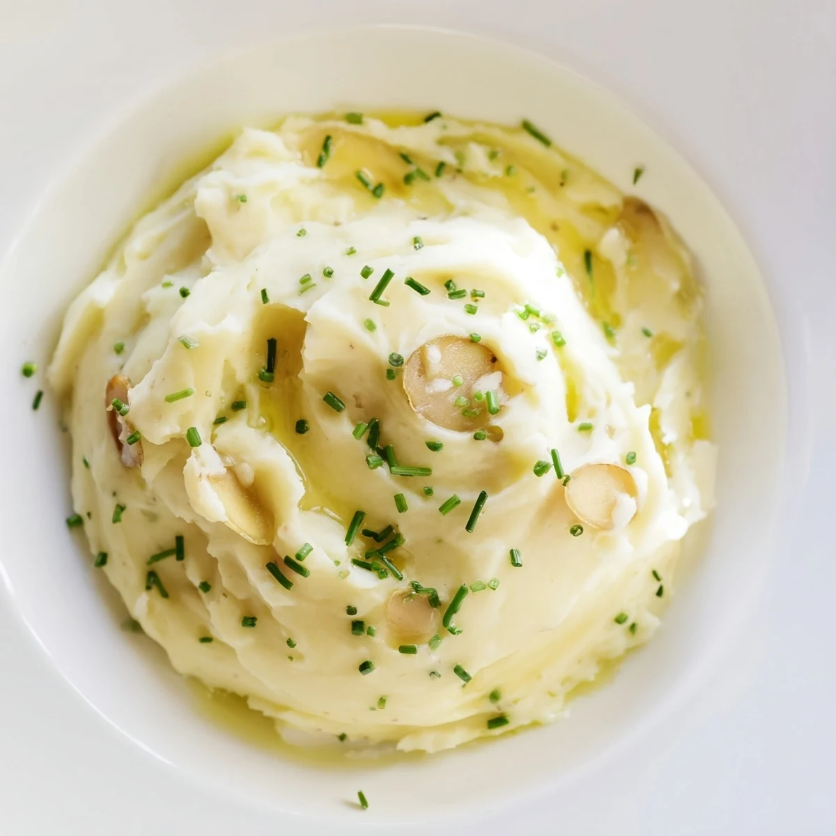A close-up shot of steaming Garlic Mashed Potatoes, showing the rich, buttery texture and flavor.