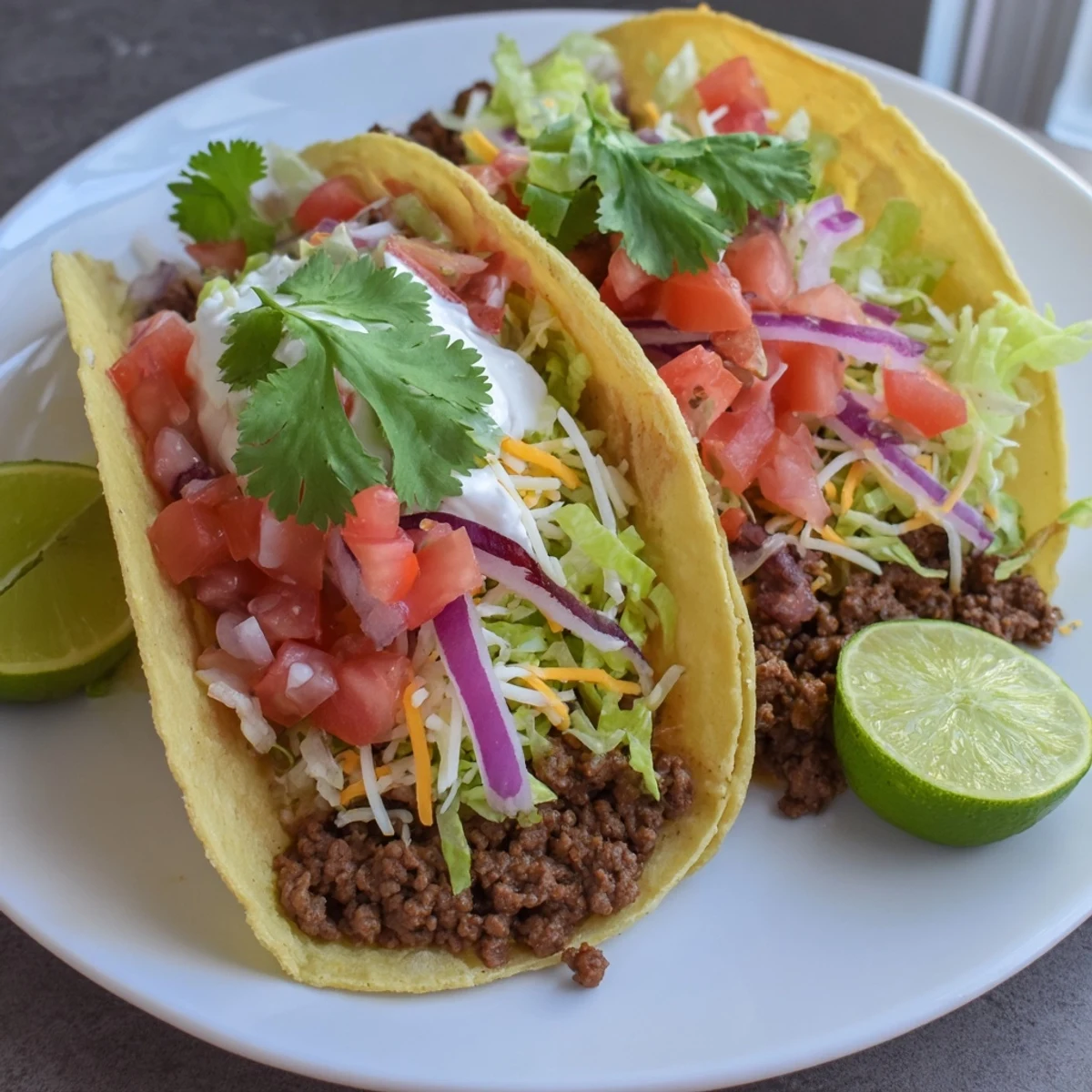 Golden, cheesy beef tacos overflowing with seasoned ground beef and fresh toppings, ready to eat.
