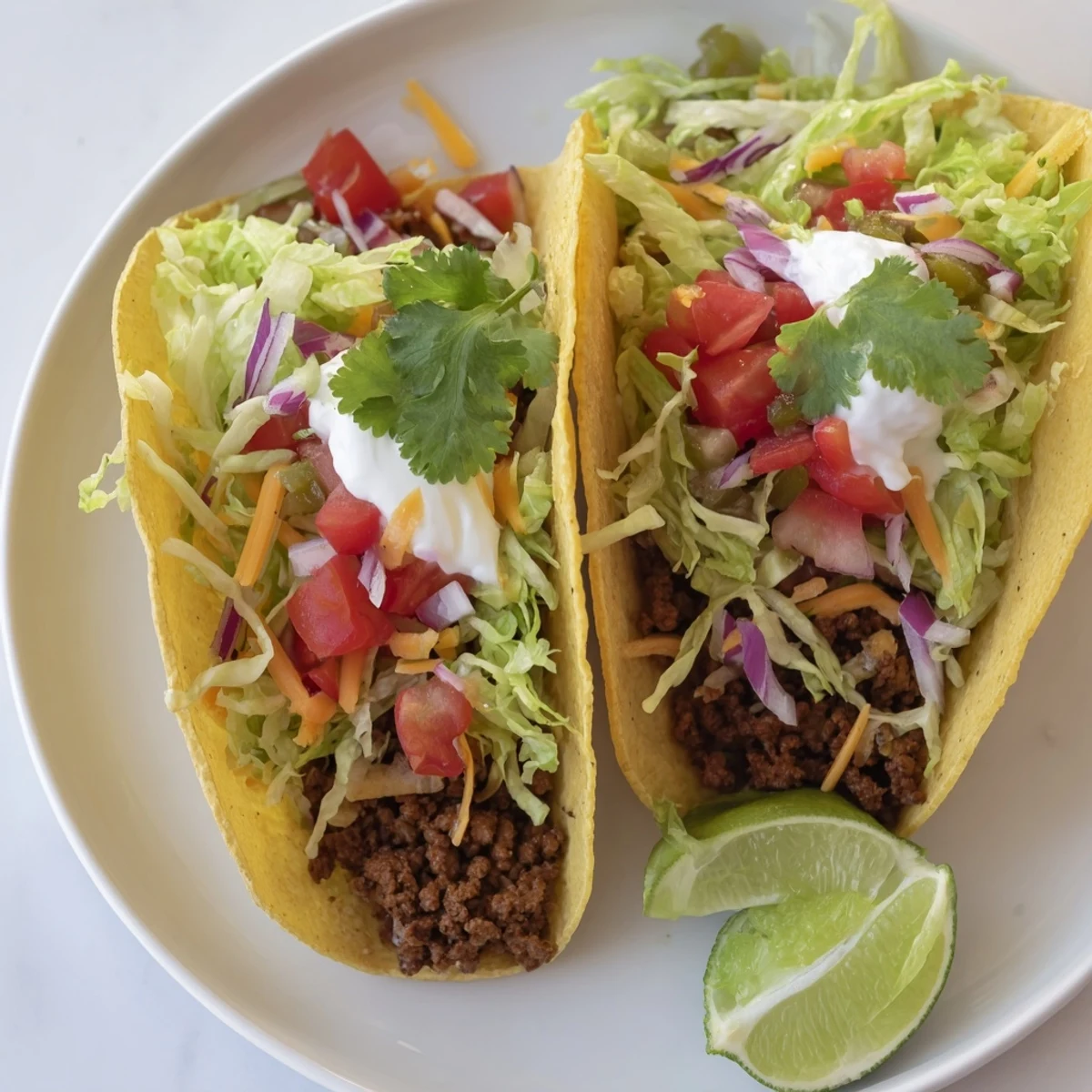 A close-up shot of delicious, homemade beef tacos with vibrant salsa and creamy sour cream.