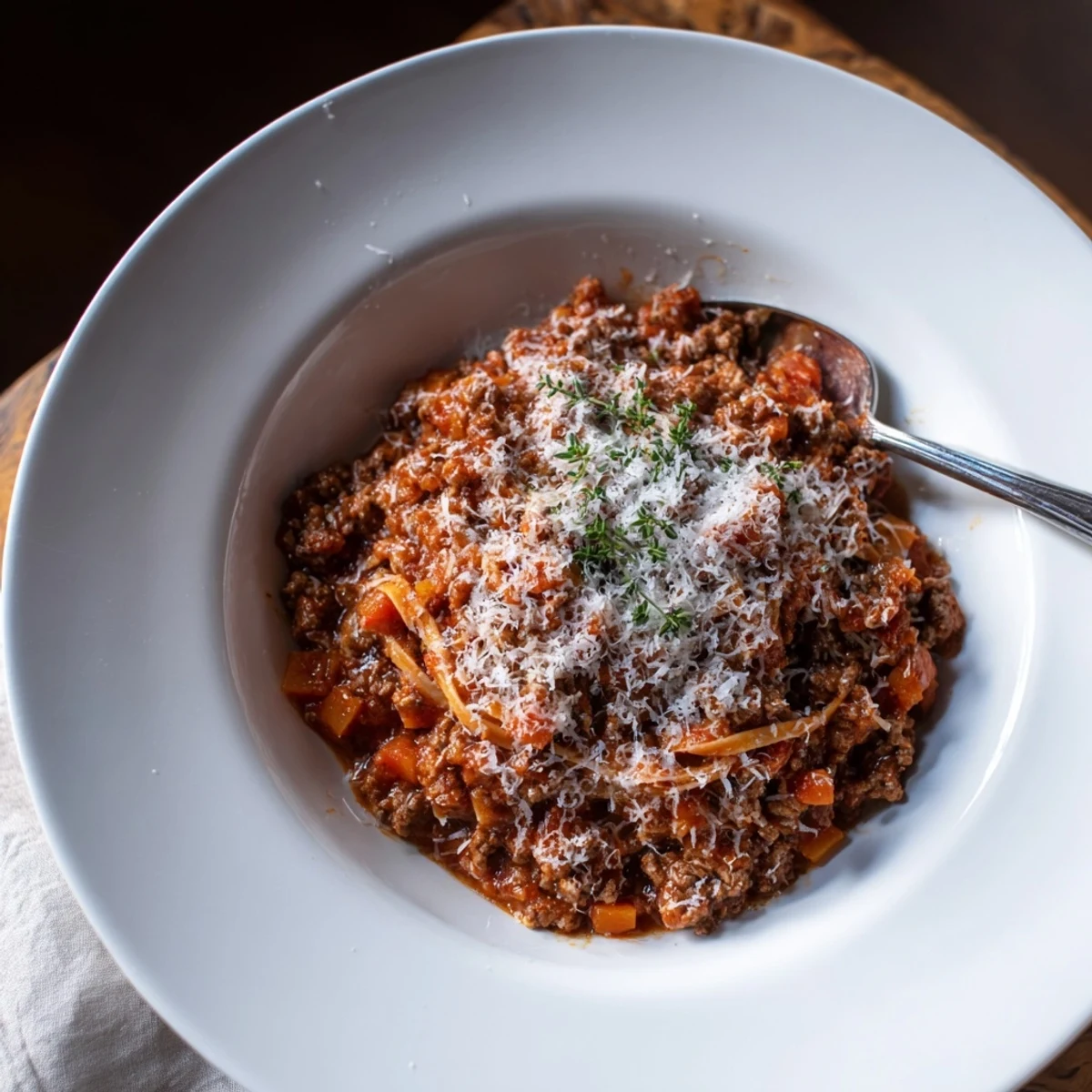 This Beef Bolognese features a rustic, textured sauce, ready to be served over pasta.