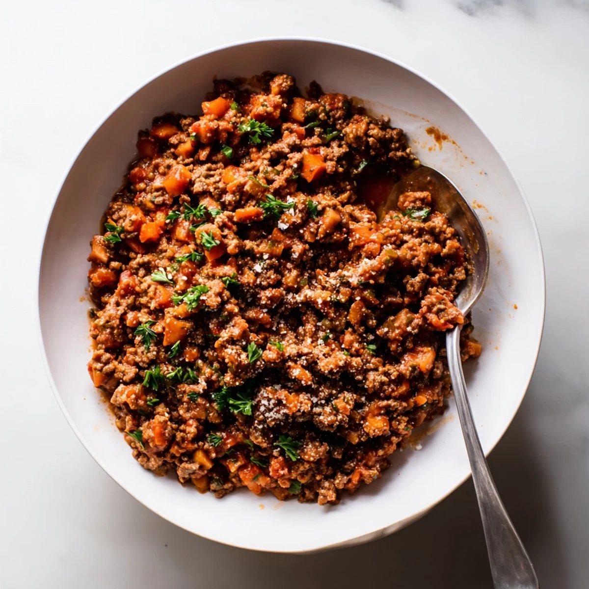 Hearty Beef Bolognese simmering in a pot with rich, browned meat and savory vegetables.