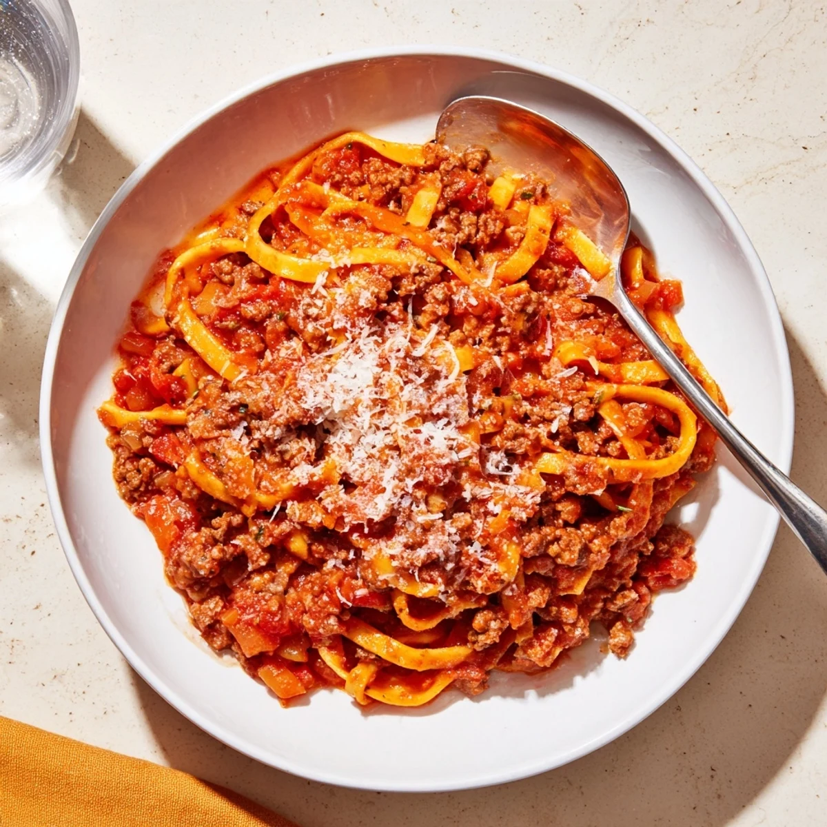 A close-up shot of steaming Beef Bolognese, perfectly capturing Italian flavors in a bowl.