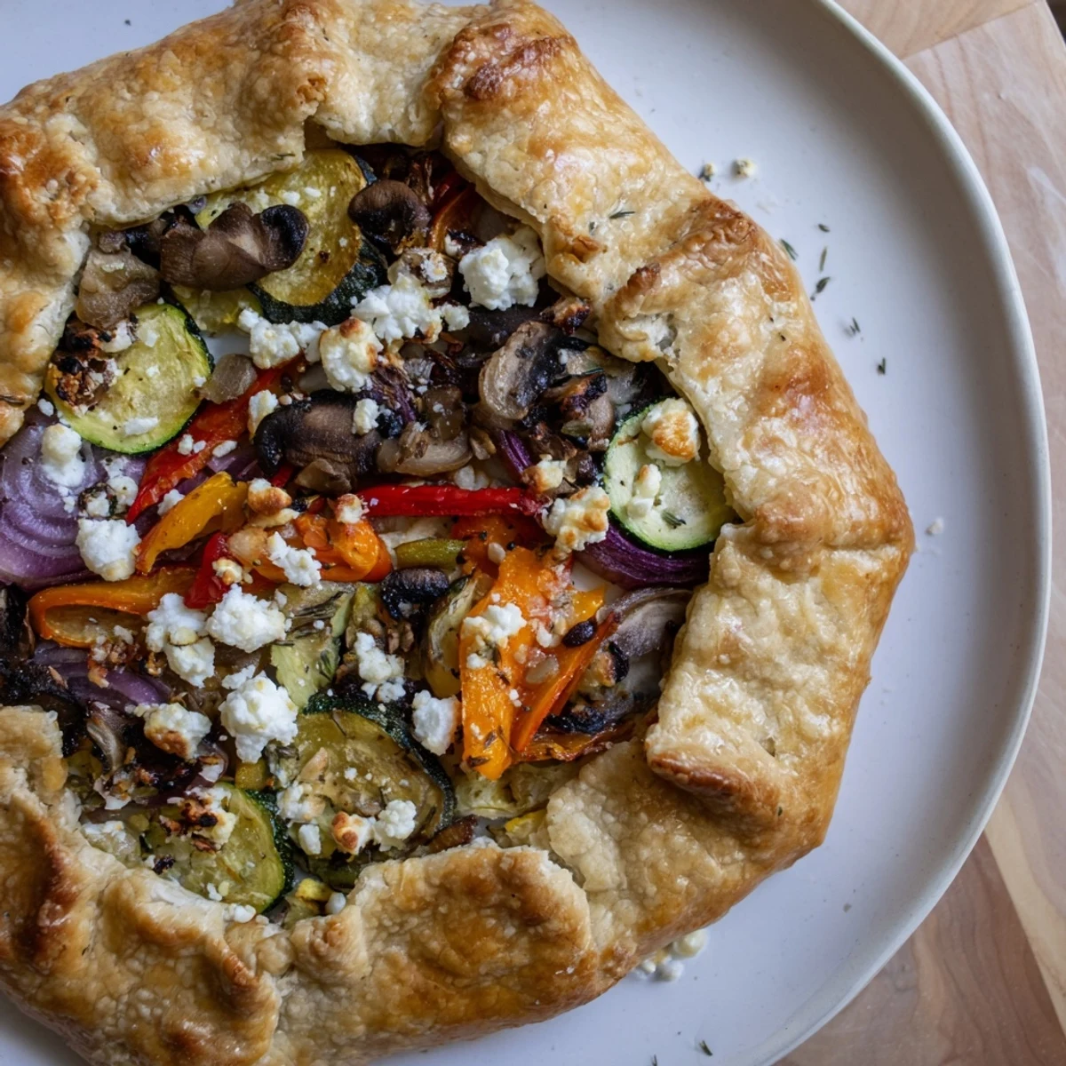Golden-crusted savory galette filled with roasted vegetables and creamy goat cheese, ready to slice.