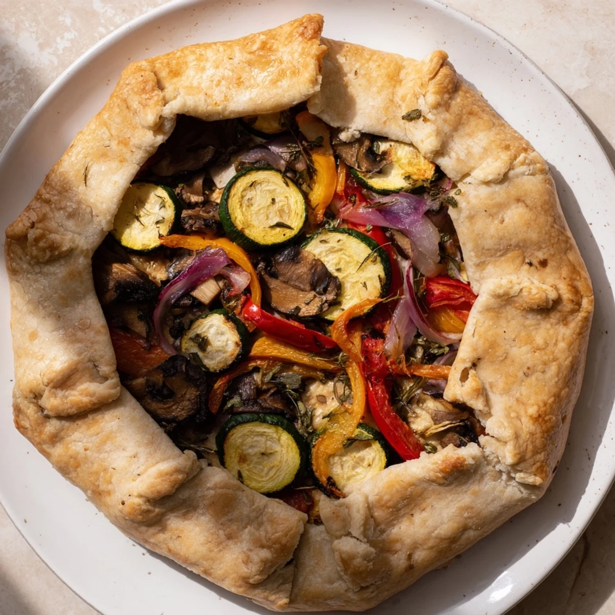 A beautiful, warm savory galette with a flaky crust showcasing the colorful filling.