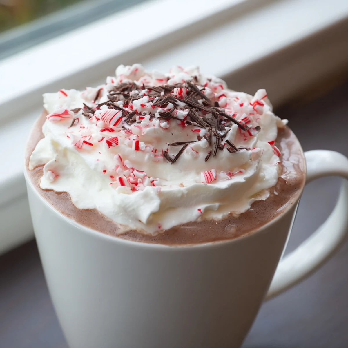 Steaming mugs of peppermint hot cocoa drizzled with whipped cream, ideal for a chilly evening.