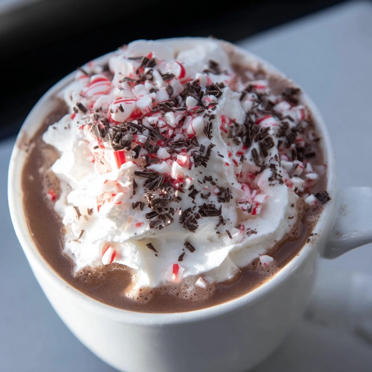 Warm and frothy peppermint hot cocoa, a creamy drink with a sprinkle of chocolate shavings.