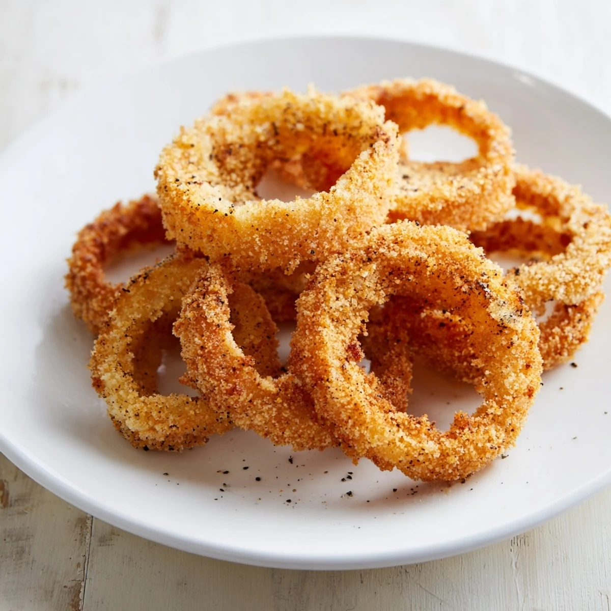 Golden, crispy onion rings freshly fried and ready to top your favorite burger.
